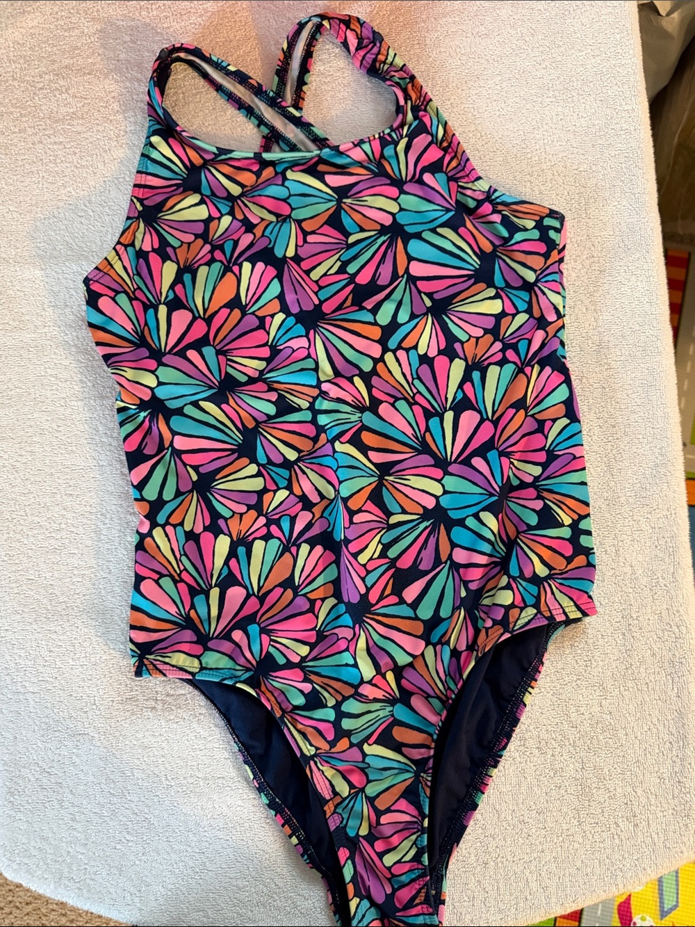 Lands' End Girls One-Piece Swimsuit in Navy with Bright Floral Petal Print
